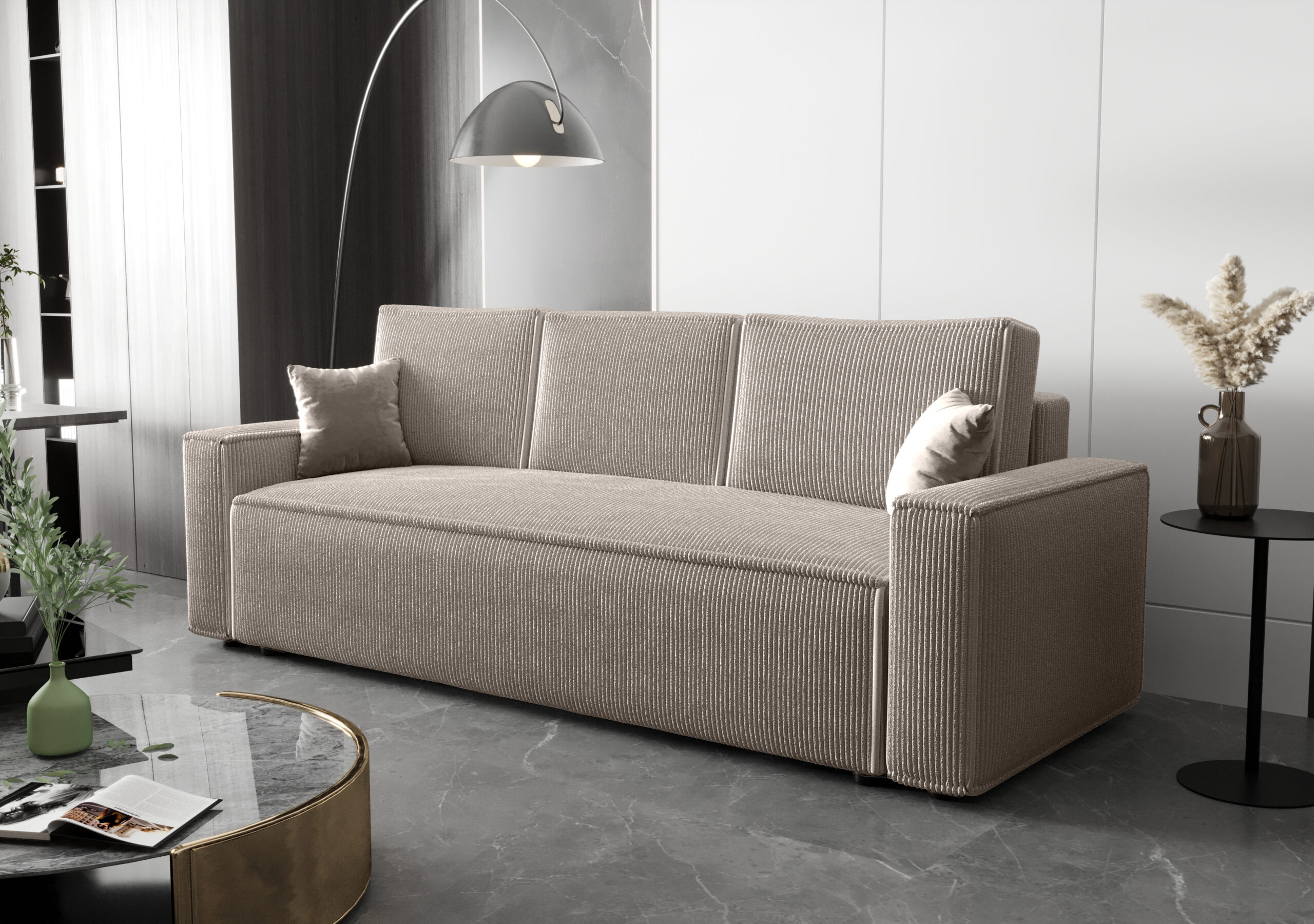 sofa Ambro Demko Home, rozkładana z funkcją spania i schowkiem, nowoczesny mebel do salonu